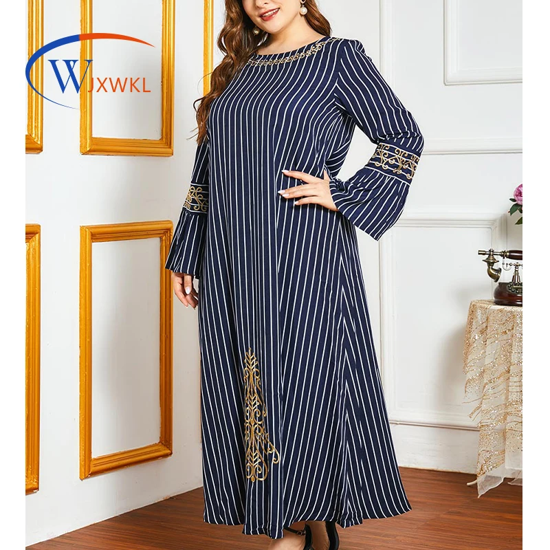 

WJXWKL 2021 Plus Size Fashion Striped Gold Thread Embroidered Long Flared Long Sleeve Muslim Long Dress Elegant Casual Dress