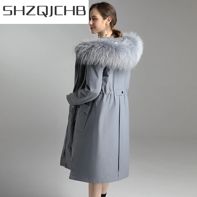 

SHZQ зимняя одежда, женское меховое пальто, 2021 натуральный воротник из меха енота, женская теплая длинная парка с капюшоном 8