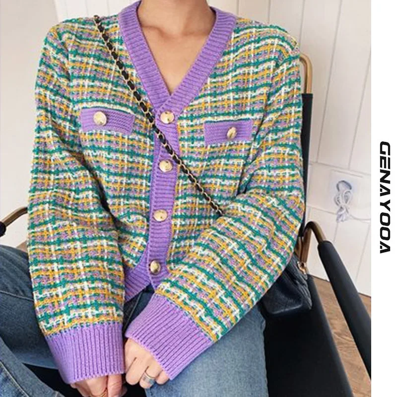 

Genayooa V-neck Houndstooth Cardigan Women 2021 Autumn Winter Single Breasted Knit Sweater Women Kardigan Korean Ladies Chic
