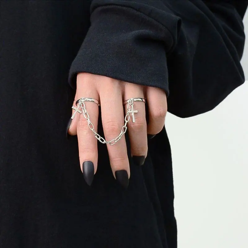 

Gothic Hiphop Cross Punk Double Ring for women men Adjustable Silver Color Cross Chain Ring Set 2020 Trendy Unusual Jewelry