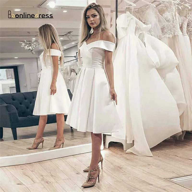 Bbonlinedress Белое Атласное платье для выпускного вечера с открытыми плечами Короткие
