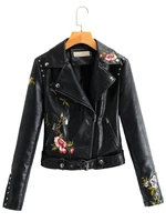 new arrival autumn fashion women embroidery pu leather jacket chic rivets with belt biker jackets zippers ladies coats outerwear
