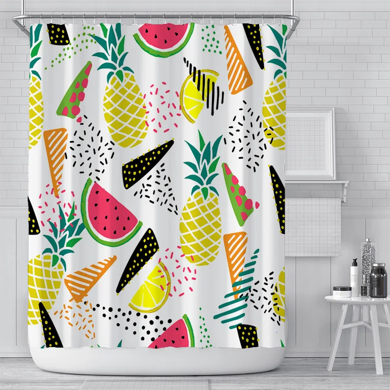 

Fruit Printing Shower Curtain Kiwi Watermelon Orange Banana Pattern Bath Curtain Waterproof Bathroom Decor with 12 Hooks