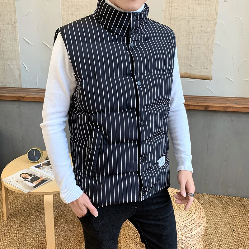 Black Striped Anbcan Модный черный клетчатый и полосатый мужской зимний теплый жилет с воротником-стойкой, Приталенный жилет без рукавов, куртка - Цвет: Black Striped