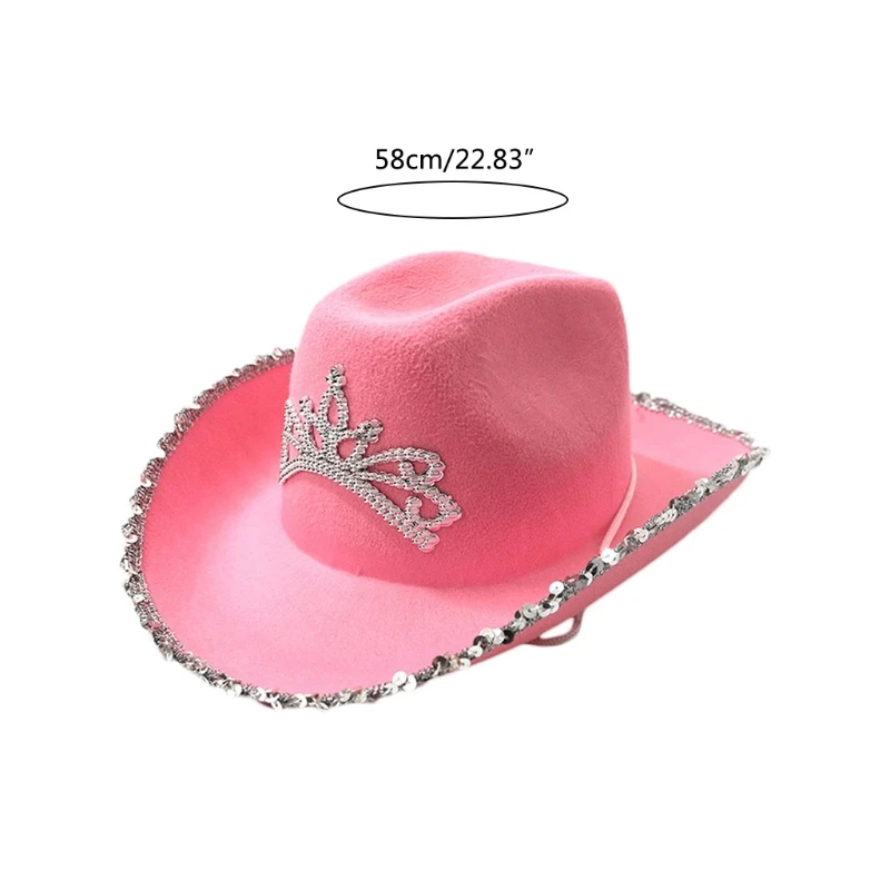 

Spangles Decorated Cowgirl Hat in Pink Tiara Decorated Fedora with Feather Edge Hats for Women Wool Made European Style