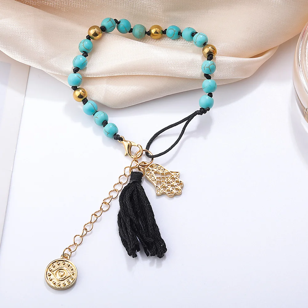 

Bohemia Beads Tassel Bracelets Lucky Hamsa Round Pendant Bracelets Braided Rope Long Chain Bracelet For Women fashion Jewelry