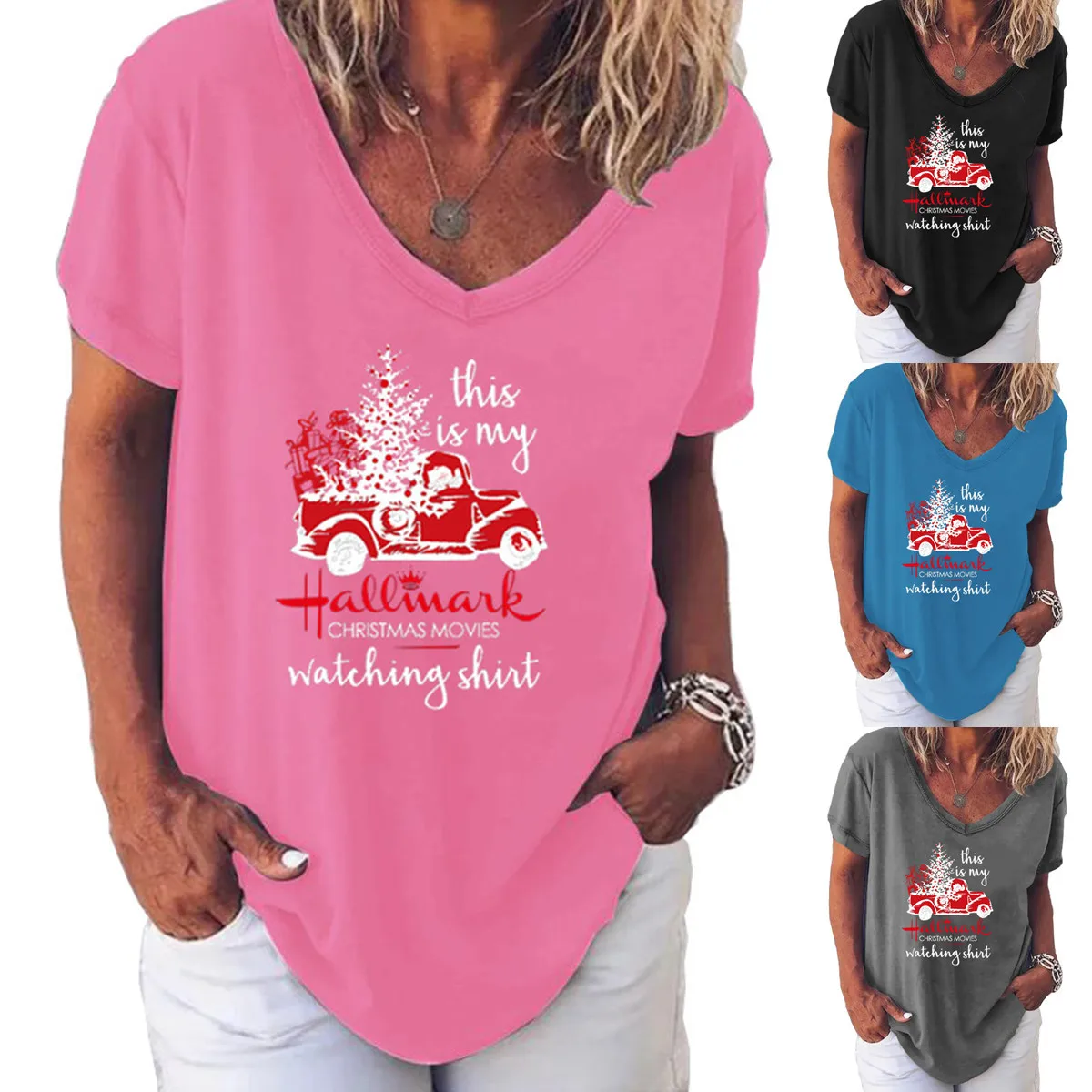

V Neck Short Sleeve Tee Top Harajuku Christmas Car Letter Graphic Print T-shirts Tops New Year T Shirts For Women 2022