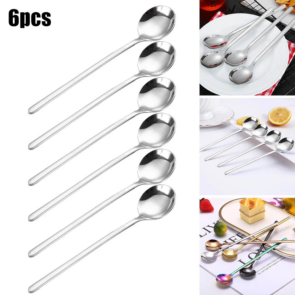 

6pcs/set Stainless Steel Spoon Long Handle Dessert Tea Spoon Kitchen Milk Coffee Drink Tableware Cooking Spoon