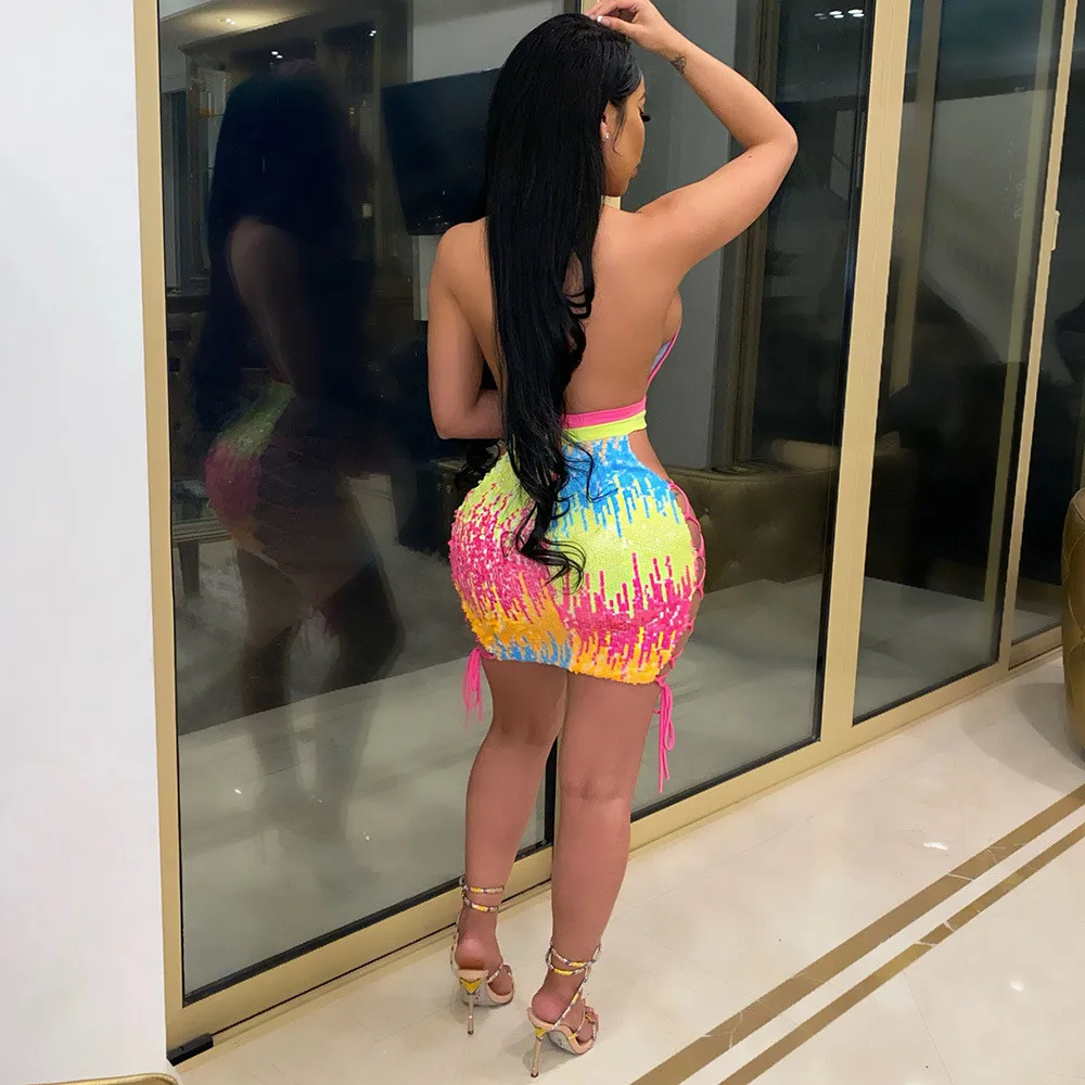 

Sexy Backless Glitter Dress Women Deep V Bodycon Mini Dresses 2021 Summer Night Club Party Dress