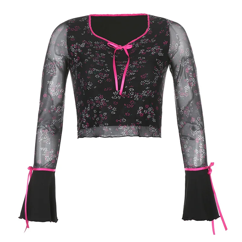 

Mesh T-Shirt 2021 New Women's Clothing European And American Style Double-layer Mesh Horn Sleeve Floral Top Women's Base Shirt