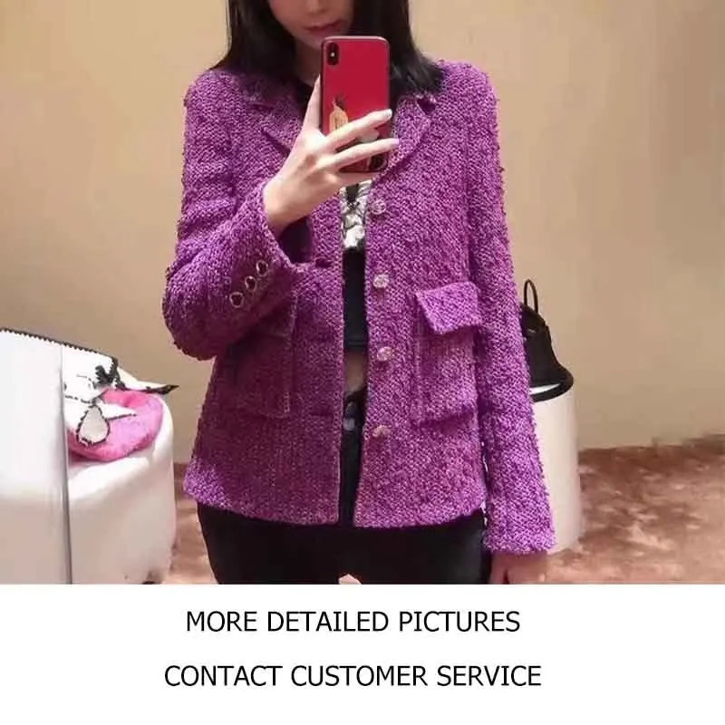 

2021 Women Jacket Purple Tweed Jacket Lapel Collar Long Sleeves Gold Buttons Silk Lining Pockets Elegant