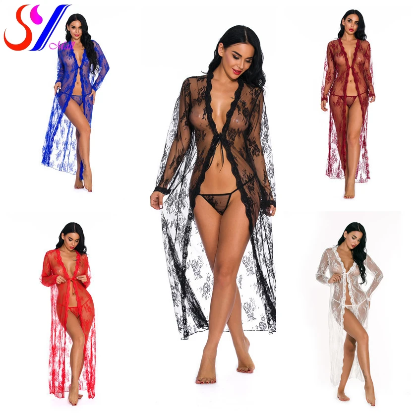 

SY Sexy Lingerie For Women Nightdress Ladies Lace Cardigan Long Night Gown See-through Pajamas With Panties Sexy Lingerie Porno