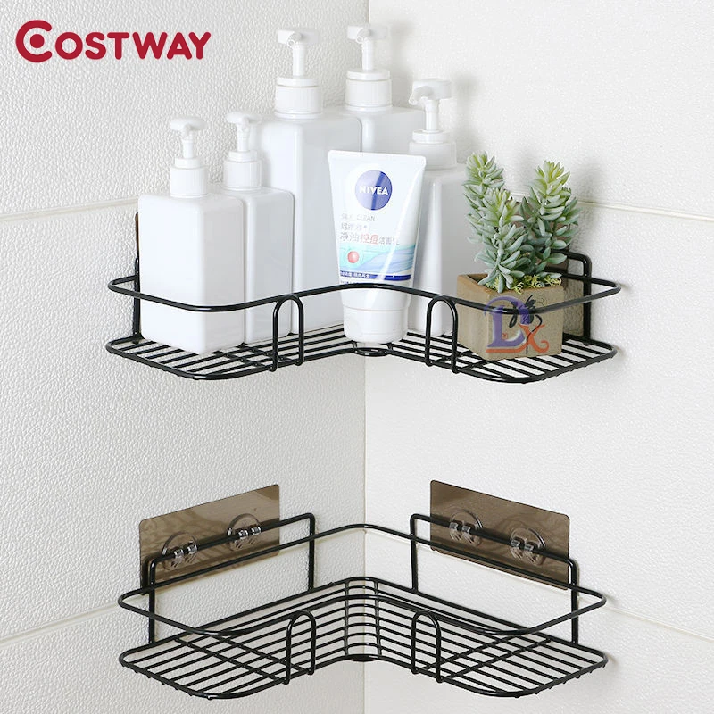 

Punch Free Bathroom Kitchen Organizer Shelves Iron Frame Cosmetic Corner Storage Rack Wall Hanging Holder Bathroom Accessories