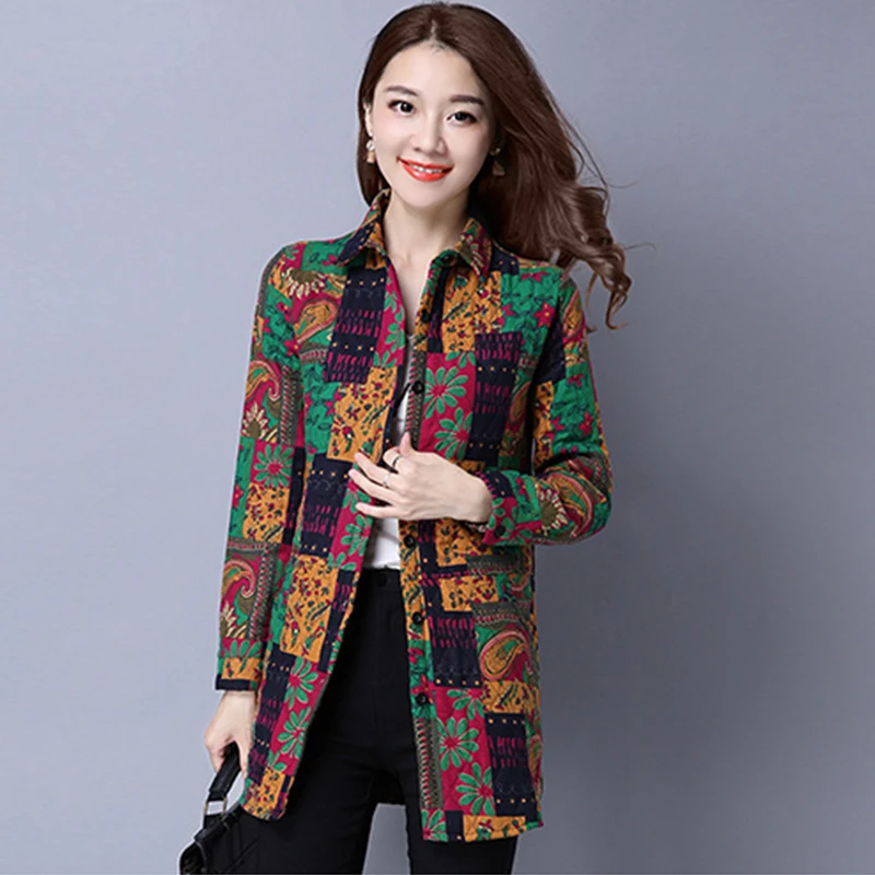 

2019 New Spring autumn Female Fashion Cotton Linen Warm Coat Large size Printed coat M-4XL CC1671