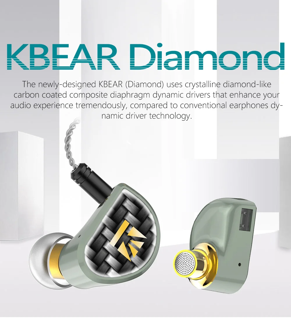 KBEAR Diamond Single Diamond-like carbon (DLC) coated PET HiFi In ear Earphone IEMs Dynamic Driver Rrapped with Detached 2pin |