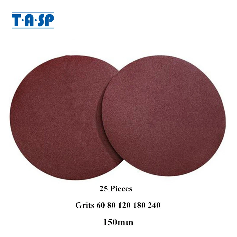 

TASP 25pcs 150mm 6" Hook Loop Sandpaper Round Sanding Disc With Grits 60~240 Sanding Pad for Sander