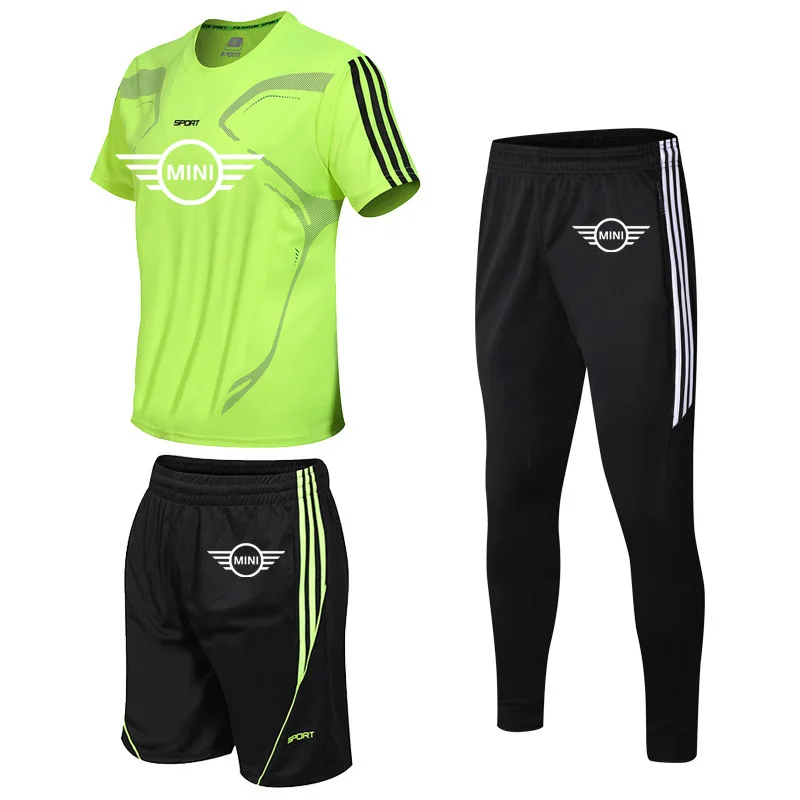 

Summer Men's suits Solid color Mini car logo printing O-neck High Quality Cotton Men's short sleeves+shorts+trousers 3-piece set
