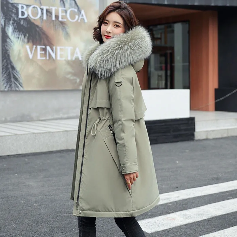 

Зимнее пальто, женская куртка большого размера с капюшоном, меховое однотонное повседневное пуховое пальто из хлопка, Женская свободная То...