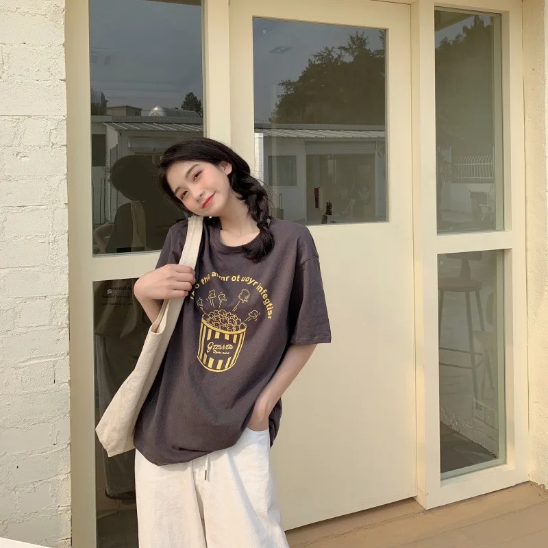 

Loose Short Sleeve Cotton Cartoon Pattern Fashion Basic Regular O-neck Women 2021 Summer New Top T-shirts
