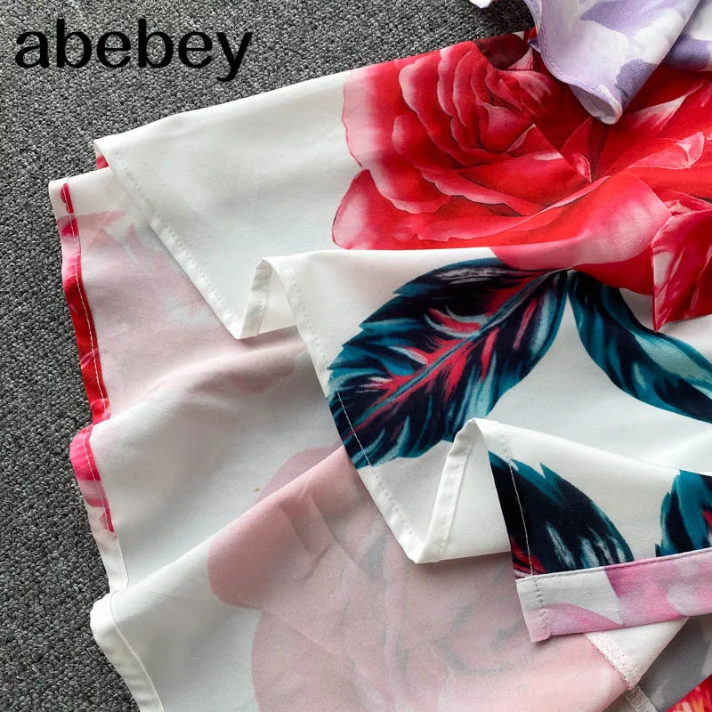 

French Sweet Floral Dress Women Lace Turndown-Collar Sleeve A-line Dresses Summer Bohemian Print Sundress