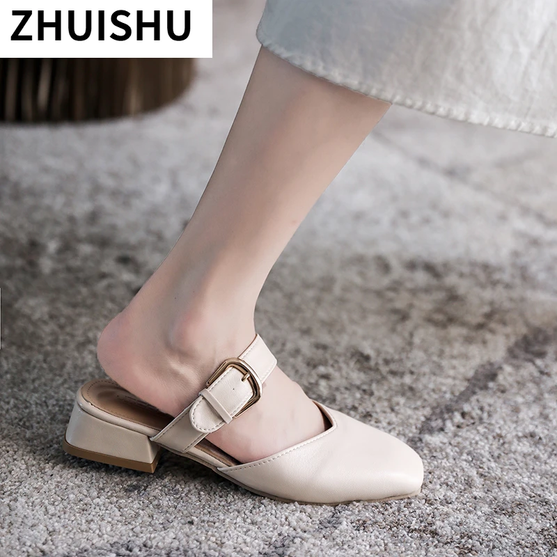 

Women Mules Shoes 2021 Summer Slip on Buckle Strap Low Heels Sandals Female Slides Closed Toe Slippers Square Heel Women Shoes
