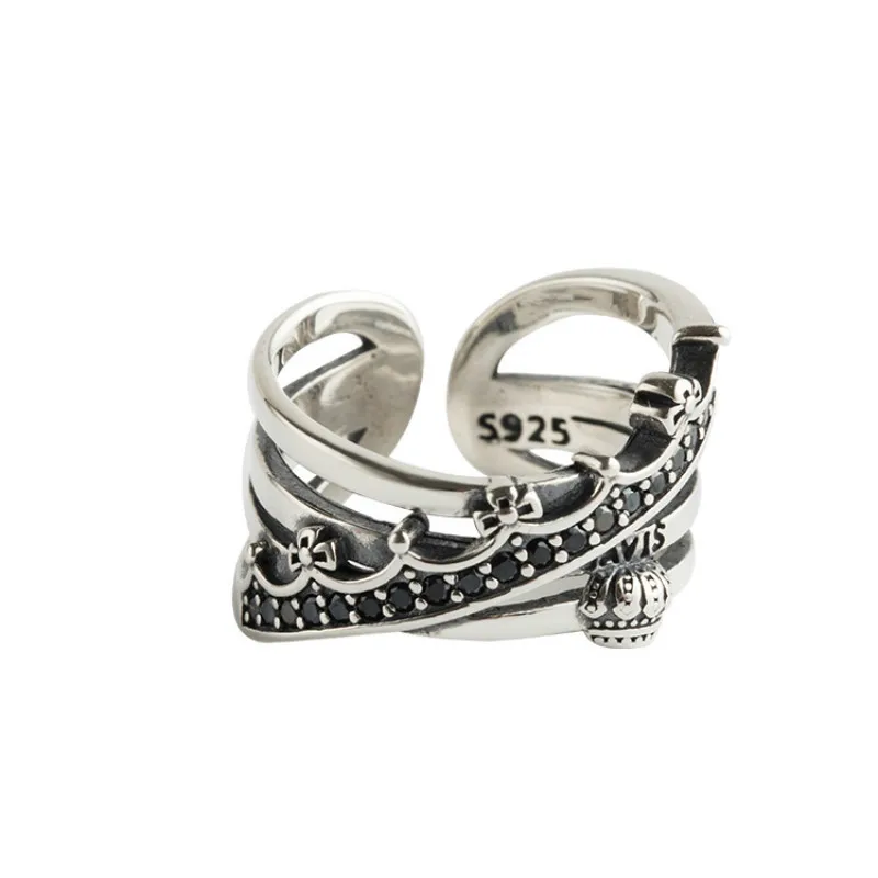 

Retro Black Zircon Crown Multilayer Open Rings For Women 925 Sterling Silver Rock Punk Female Vintage Jewelry 16.9mm Adjustable