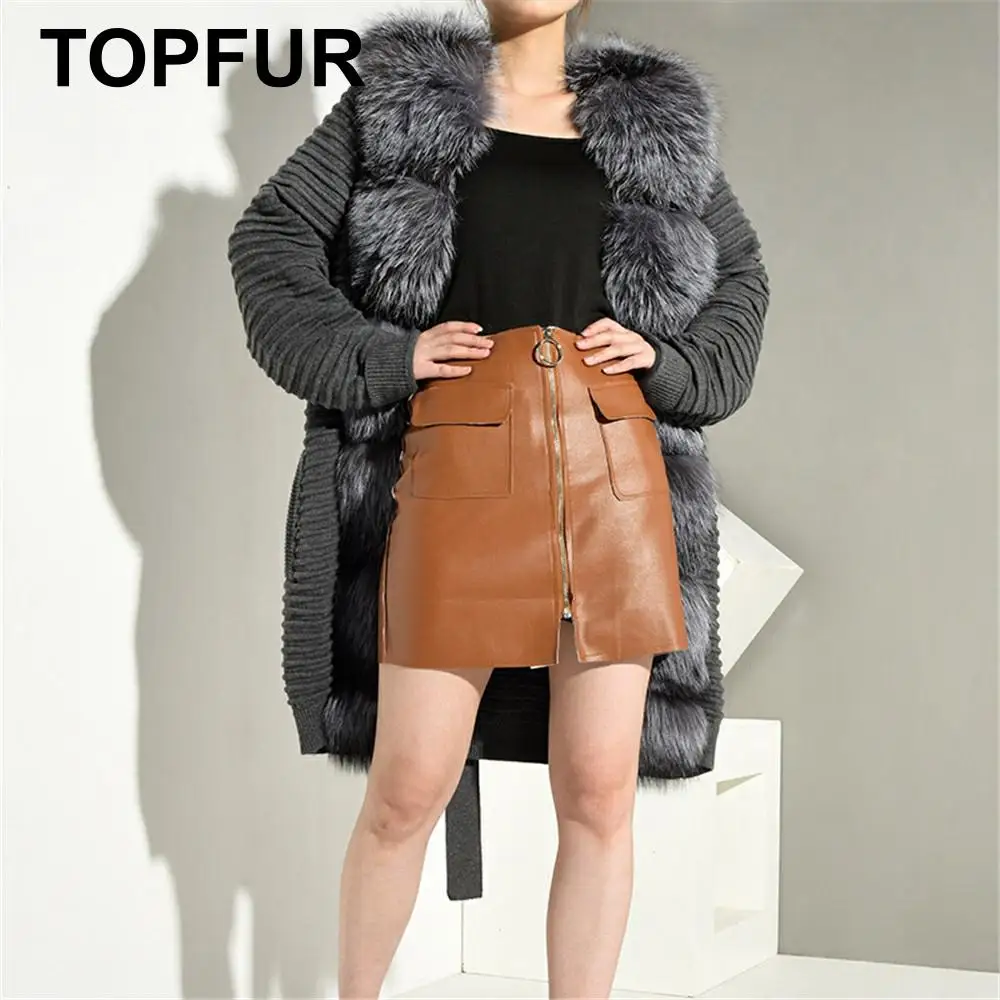 TOPFUR Fashion Gray Knitted Coat With Belt Full Sleeves Real Fur Coat Women Natural Silver Fox Fur Coat With Fox Fur Collar