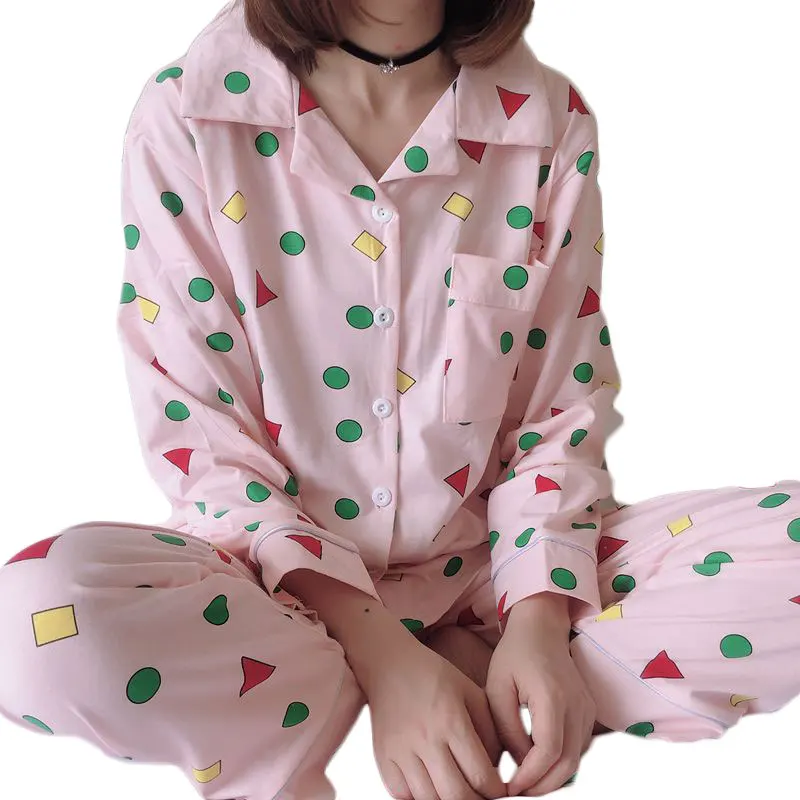

Fashion Women's 2 Pieces Pajamas Set Cotton Geometric Patterns Pyjama Women Sleepwear Suit Spring Summer Cartoon Homewear Pijama