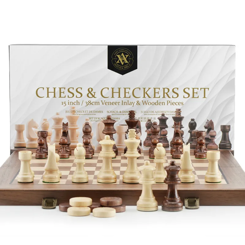 

2020 High Quality Walnut Chess and Checkers Solid Wood Folding Chess Box WOODEN CHESS