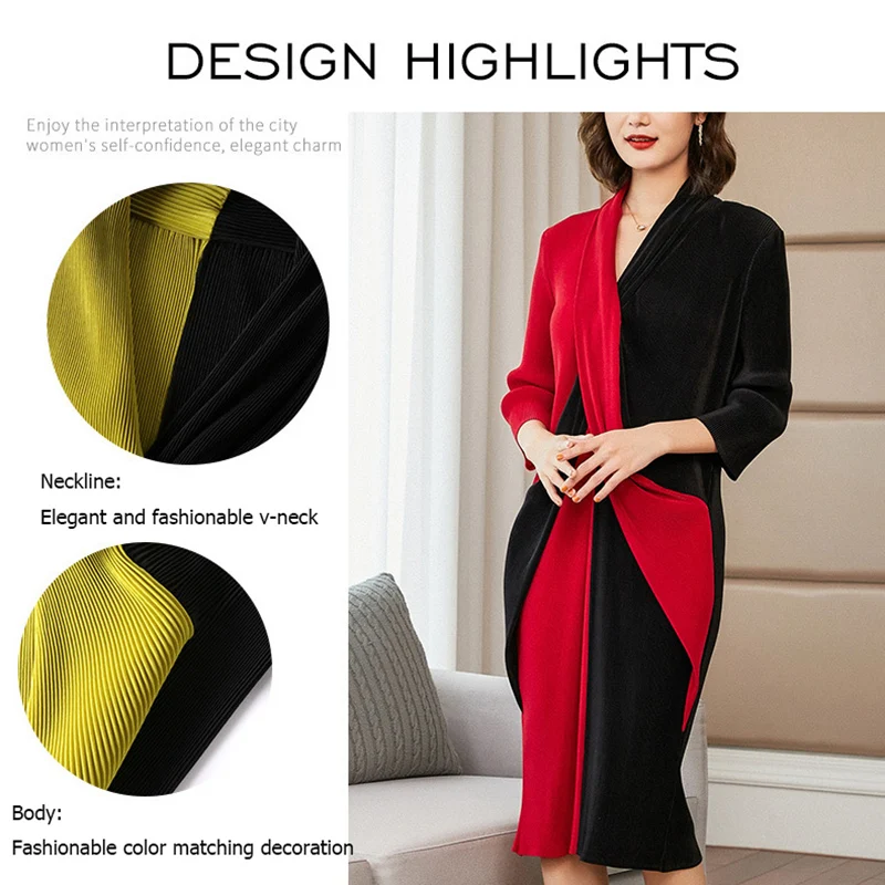 

POPOLLE Fashion V-neck Middle Calf Quarter Sleeves Stitching Elegant Cross Stitch Slim Pleated Dress 2021 Fashion Women