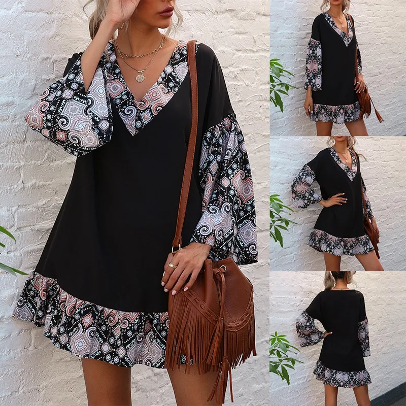 

Повседневное облегающее расклешенное платье с вышивкой и V-образным вырезом, расклешенное платье с длинным рукавом