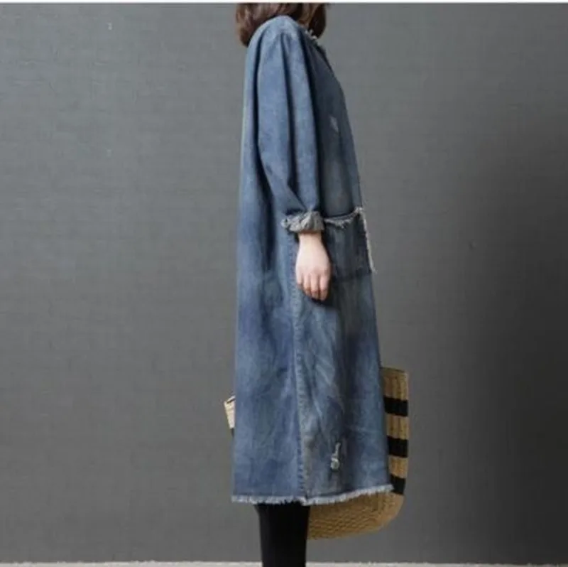 #0190 осень трапециевидной формы с круглым вырезом платье из джинсовой ткани для