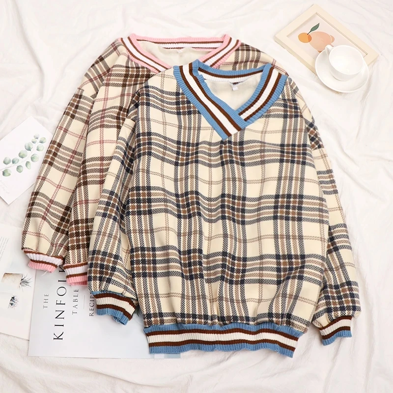 

Women Plaid Sweater Winter Knitted Sweater Retro Sweatshirts Casual V Neck Jumper Loose Long Sleeved Thicken Pullover Warm Pull