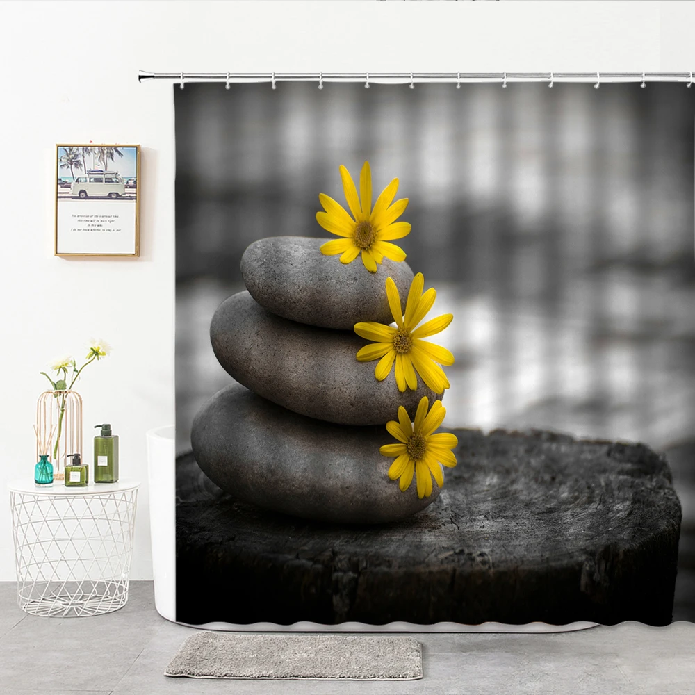 

3D Zen Shower Curtains With Purple Flowers And Black Stone Candles For Relaxation Poise Decor Curtain For Bathroom Bath Supplies