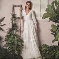 2020 wedding dress long sleeve v neck chiffon floor length lace charming bridal gown for women lady robe mairage sirene elegant