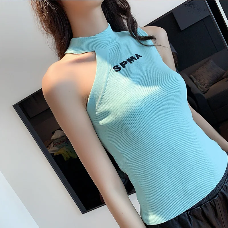 

Summer new fashion personality vest letter embroidery off shoulder tight neck knitted top design
