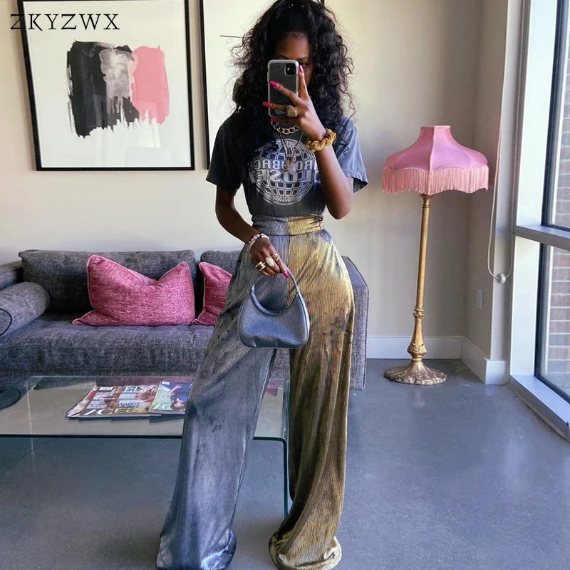 

ZKYZWX Sexy Bronzing Splicing Loose Flare Pants for Women Fall Bottoms High Waist Sweatpants Club Outfits Bell Bottom Trousers