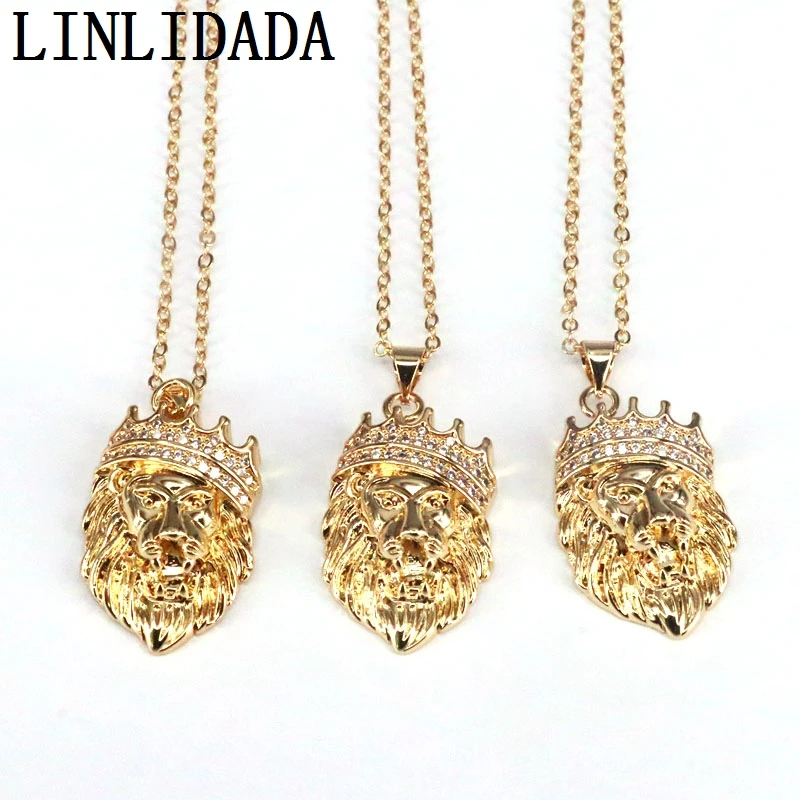 5Pcs New Style Fashion Animal Crown Lion Pendant Necklaces Men Hip Hop Jewelry Statement CZ Gold Chain Necklace Gifts