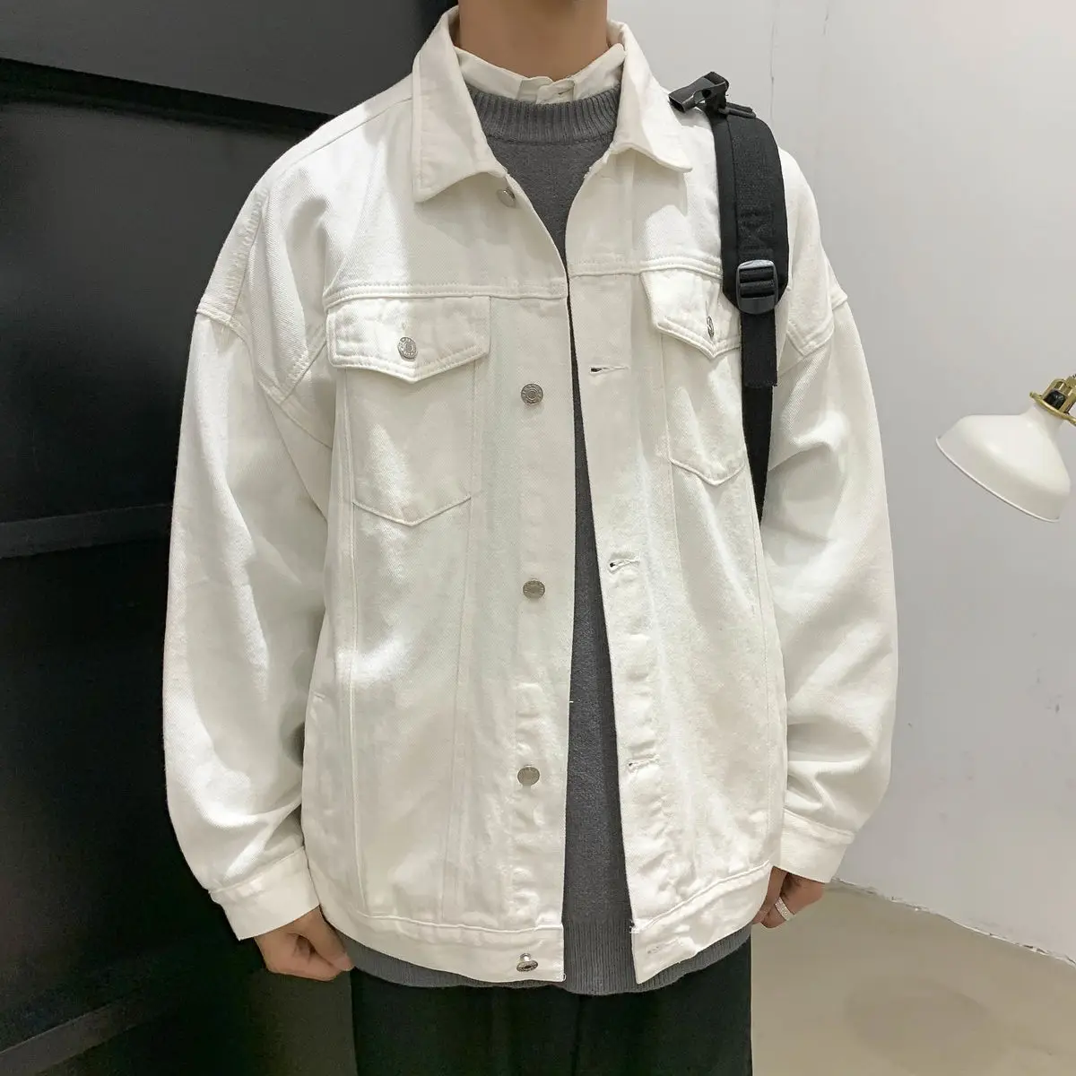 

2021 Men's New Style Fashion Trend White Denim Jackets Loose Solid Color Coats Cowboy High-quality Outerwear Plus Size S-2XL
