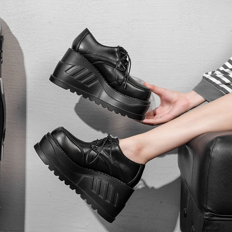 

Demon Punk Women's Shoes Black Goth Flat Platform Female Shoes Increase Fashion 2021 Spring Leather Square Toe Lace-up Daemon