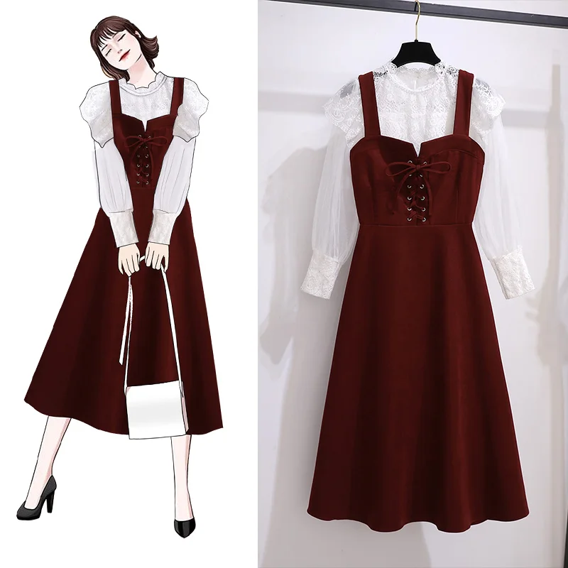 

Ladies Suit Spring Summer Korean Fashion O-Neck Lace Top Casual Office Literary Retro Strap Dress Plus Size 2 Piece Set Women
