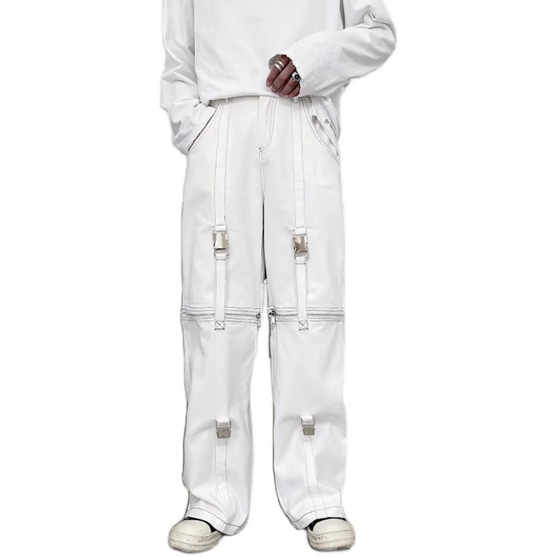 

Male Streetwear Hip Hop Fashion Show White Black Pants Stage Clothing Men Adjustable Zipper Casual Straight Pant Trousers