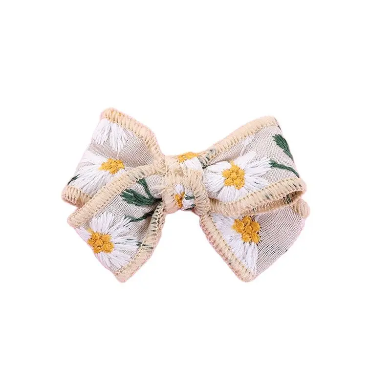 

2021 New Girls Embroidery Bows Hairpins Kids Lunita Sunflowers Knot Hair Clips Baby Cotton Linen Hair Accessories