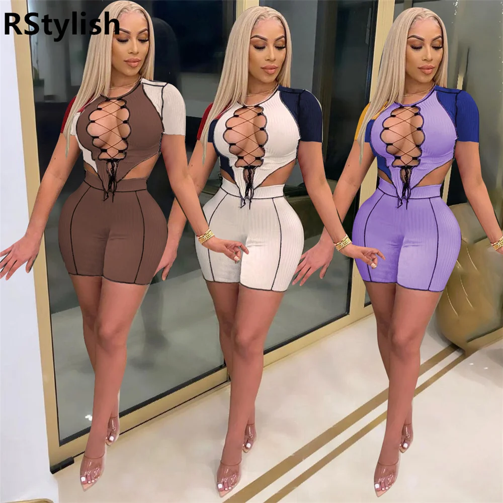 

RStylish 2021 Color Block Knitted Two Piece Set Women O Neck Bandge Short Sleeve Hollow Crop Top Shorts Clubwear Summer Clothes