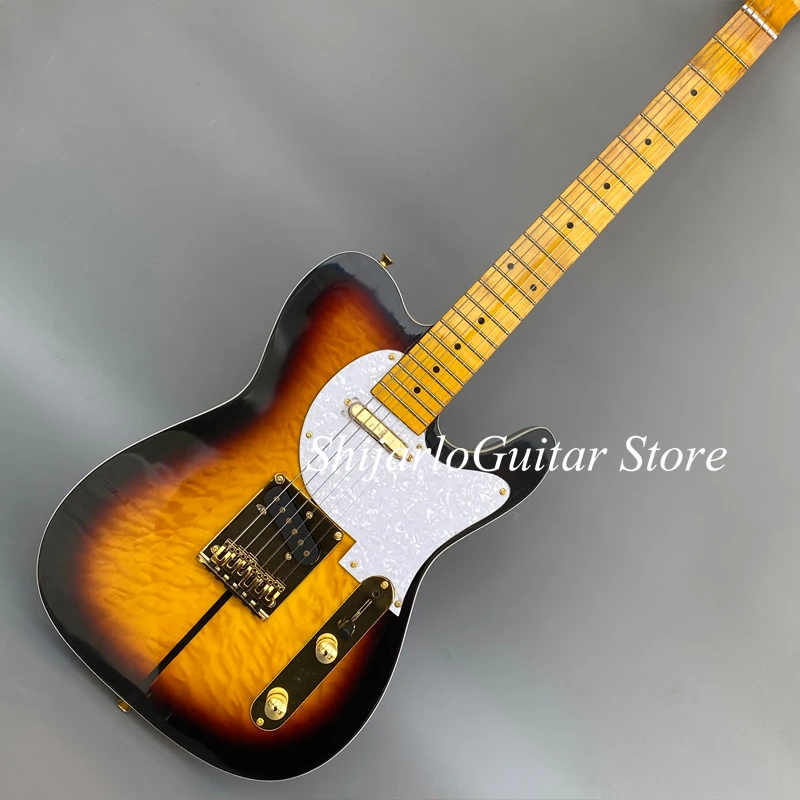 

Custom TL electric guitar, black edge, yellow flower body, maple fingerboard, dark gold hardware, two pickups, free shipping