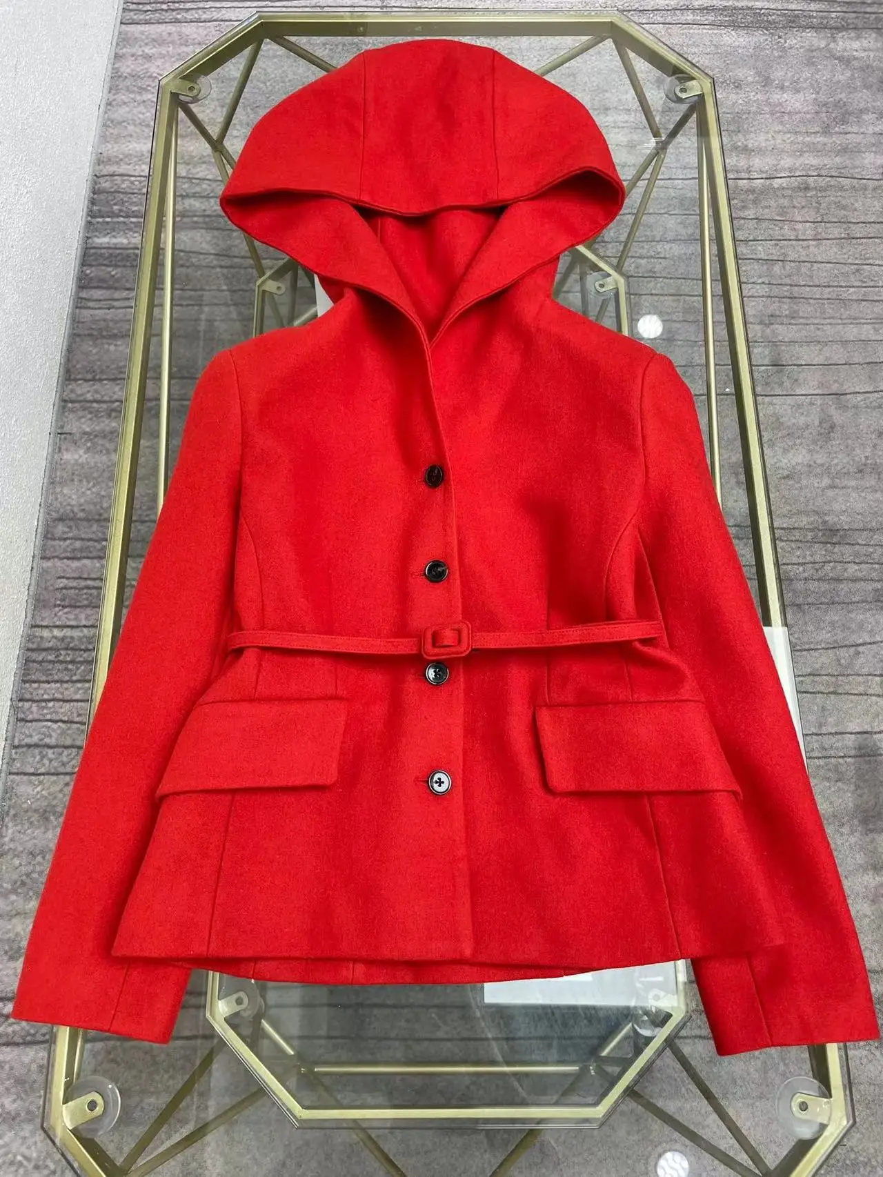 

Fyion New 2021 Winter Women Fashion Runway Blazer Hooded Jacket Long Sleeve Belt Single Breasted Red Coat Overcoat