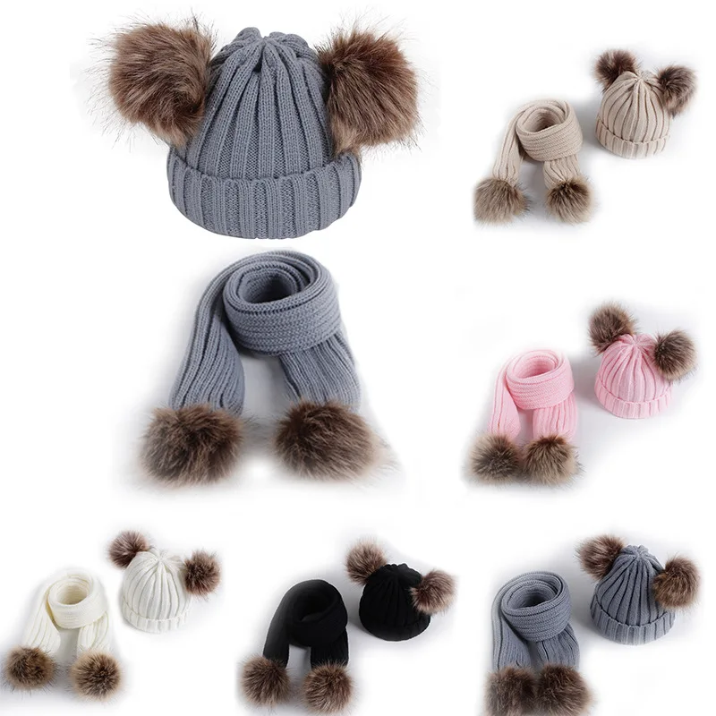 

Girl Boys Pom pom Winter Hats Scarves Sets Knitted Warm Nature Fur Hat Scarf Thick Beanies Children Caps Kids Baby Solid Bones