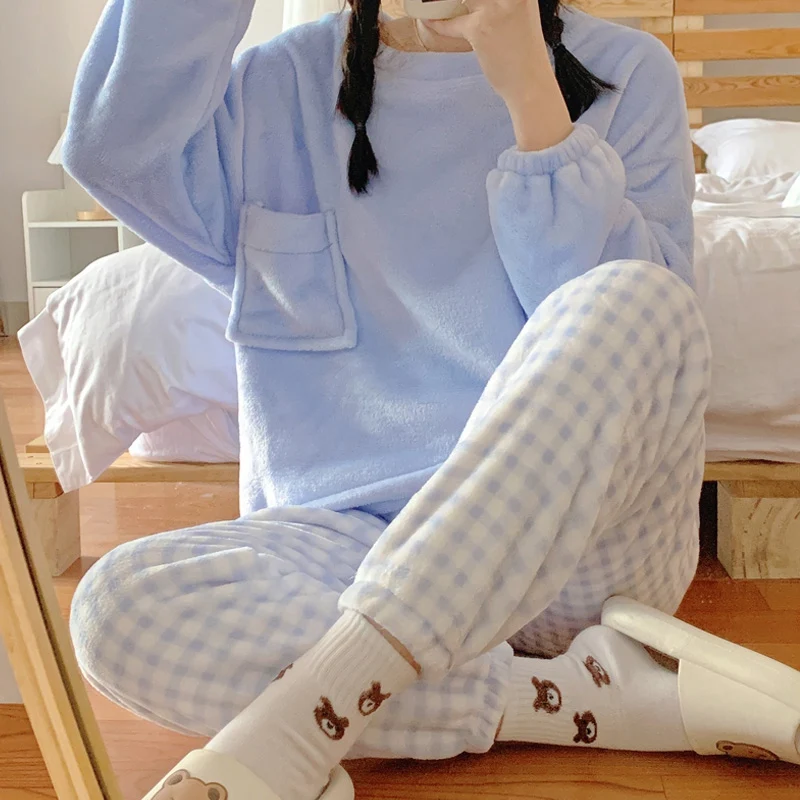 

2021 Winter Long Sleeve Casual Plaid Thick Warm Flannel Pajama Set For Women Coral Velvet Sleepwear Pyjama Homewear Home Clothes