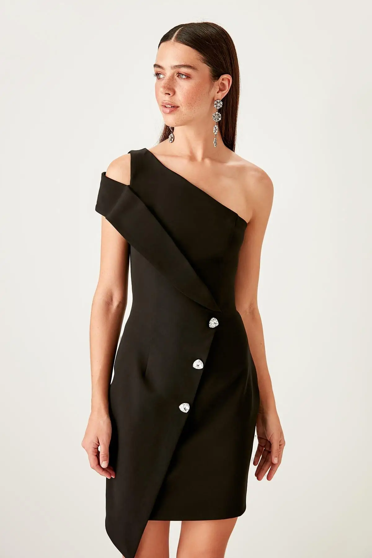 Trendyol черное асимметричное платье TPRSS19UZ0101|Женские платья| |