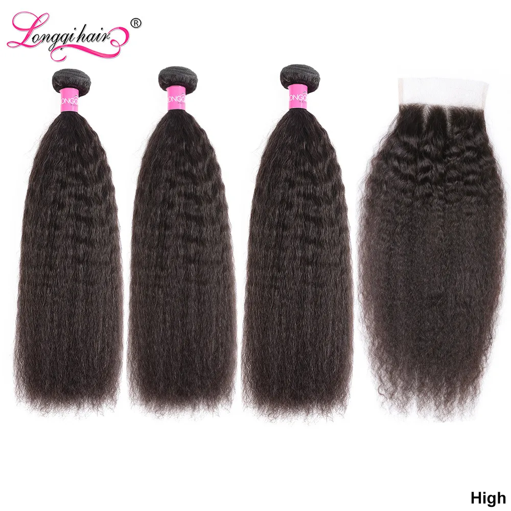 Longqi волосы Remy человеческие кудрявые прямые пряди с закрытием бразильское